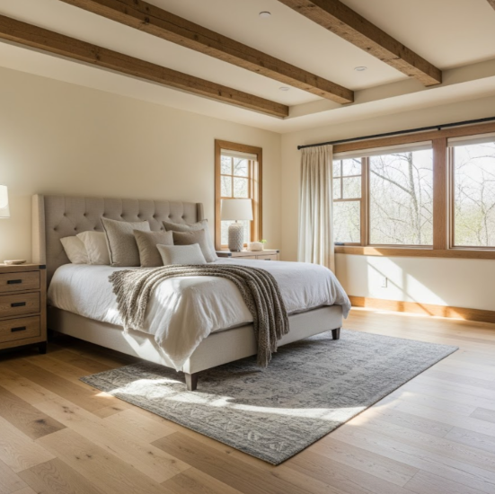 Spacious bedroom with natural hardwood floors in a beautiful Edmonton home