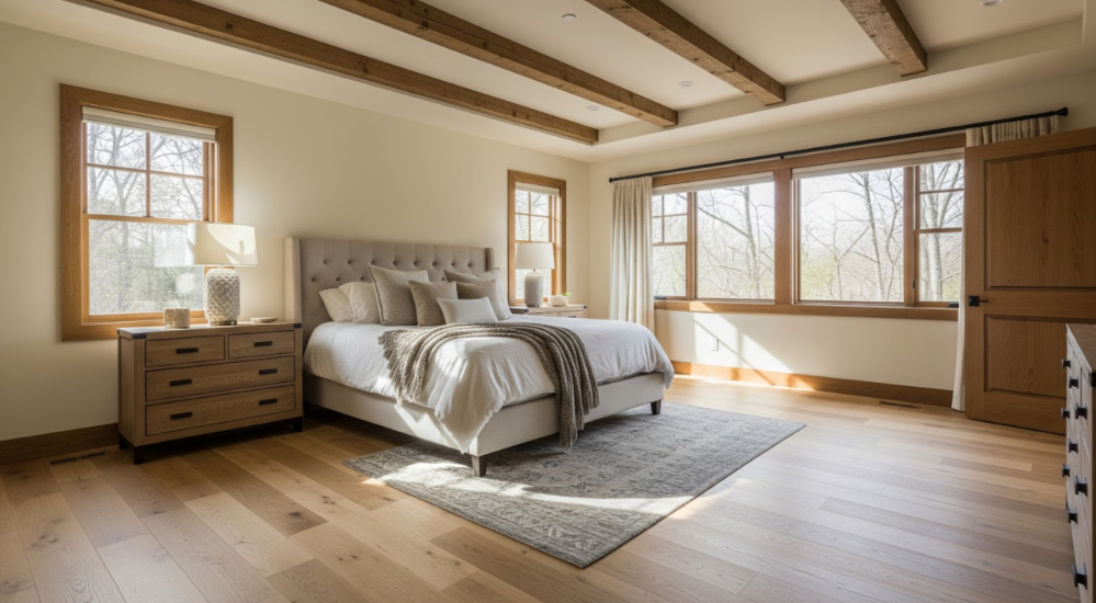 Spacious bedroom with natural hardwood floors in a beautiful Edmonton home