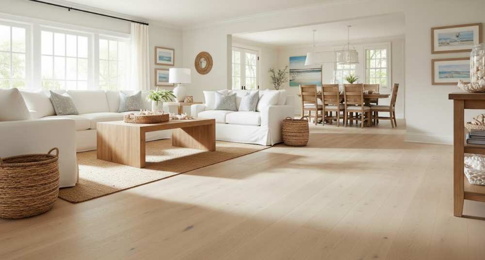 Light Hardwood Flooring in a bright coastal style home