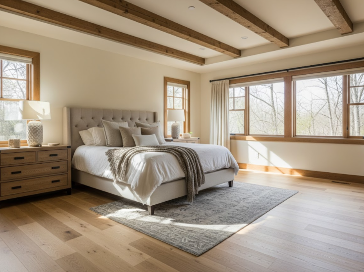 Spacious bedroom with natural hardwood floors in a beautiful Edmonton home